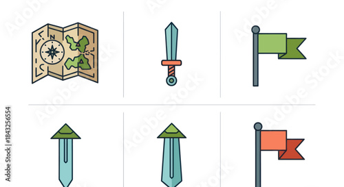 Collection of flat design icons representing adventure and strategy elements.
