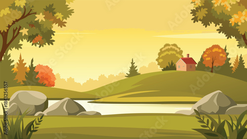 peaceful autumn scene with a small house by a river and lush