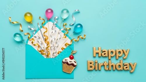 Turquoise envelope overflowing with balloons and confetti for a birthday celebration party