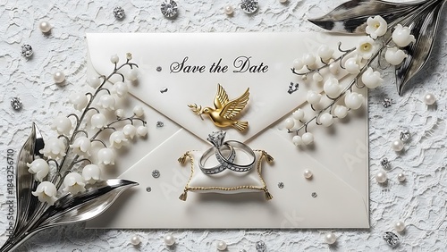 Wedding Invitation Save The Date With Rings And Lily Of The Valley engagement