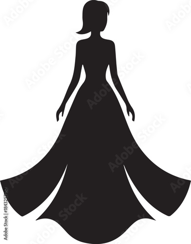 Black gown silhouette, elegant figure, formal dress, fashion icon, standing pose, vector art, minimal design, white background, graceful style, graphic symbol