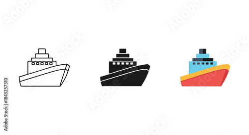 Three different ship illustrations in various styles