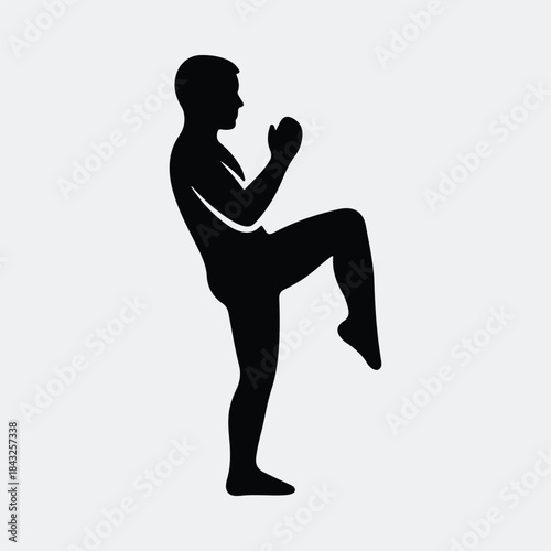 Silhouette male athlete training powerful knee strike kickboxing sport action vector illustration
