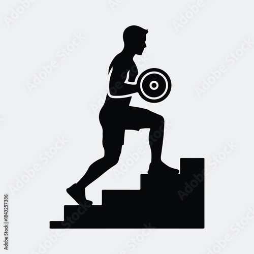 Silhouette man doing step up exercise with dumbbell on stairs vector illustration