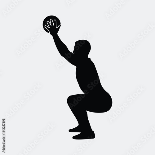 Silhouette man performing medicine ball overhead squat workout fitness vector illustration