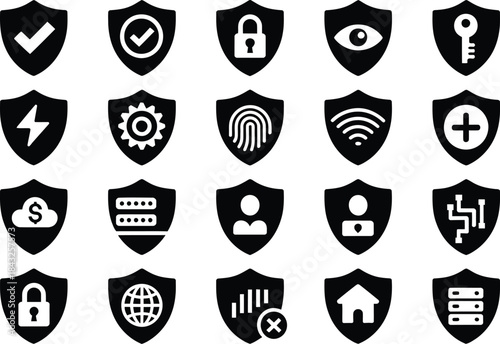 Shield and Safety Silhouette Icon Set with Protection, Insurance and Secure System Symbols