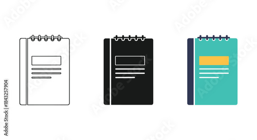 Set of three different notepads or notebooks with spiral binding