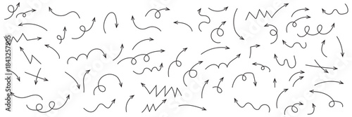 Arrow drawn hand vector line icon set. Hand drawn brush chalk stroke arrow curve, thin pencil scribble shape with vintage charcoal crayon texture. Doodle up down arrow symbol. Vector illustration