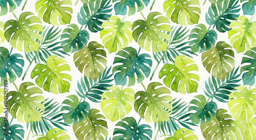 Watercolor tropical monstera and palm leaves pattern background