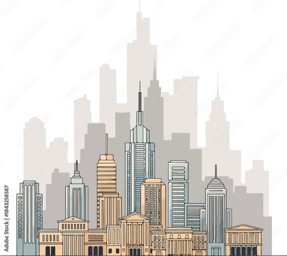 Fototapeta premium Urban Silhouette: A captivating illustration of a sprawling metropolis, where skyscrapers pierce the sky, symbolizing progress and innovation. 