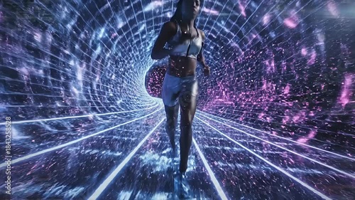 Futuristic Runner - Woman Sprinting Through Digital Grid Tunnel.