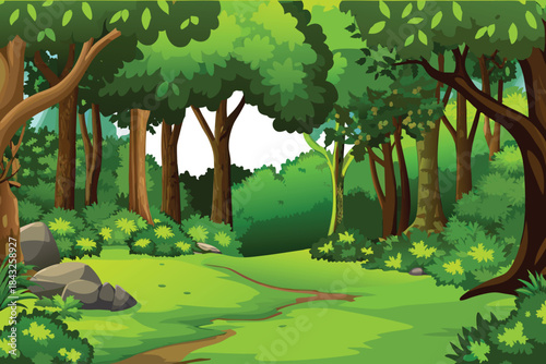 a vibrant and lush forest scene with trees path and green vegetation high quality
