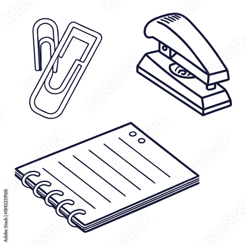 Office Tools Icon Set  Paper Clip  Stapler  Notepa (3) Vector SVG Design