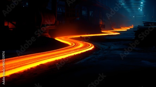 Molten metal glowing orange flowing through a dark industrial factory setting.