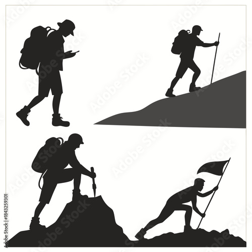  Set Of 4  Hikers Backpack Walking  Climbing  Rest Vector SVG Design