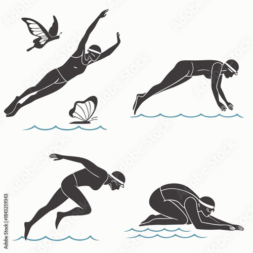  Set Of 4  Swimmers Freestyle  Butterfly  Diving   Vector SVG Design