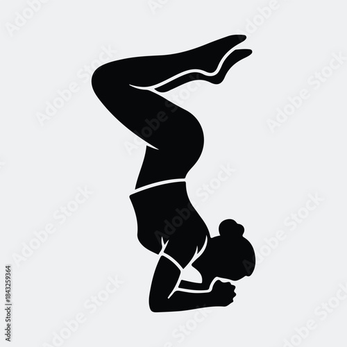 Silhouette athletic woman performing a yoga headstand exercise healthy lifestyle vector illustration