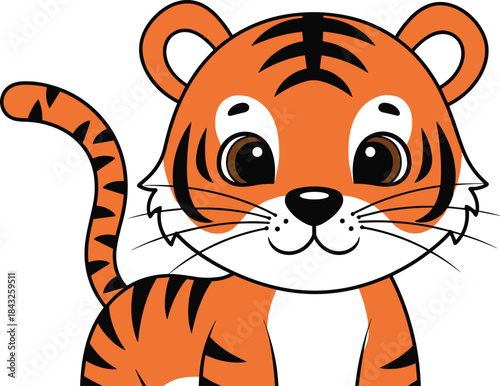 Cute cartoon tiger vector illustration with orange fur, black stripes, white cheeks, big eyes, friendly expression, isolated on white background