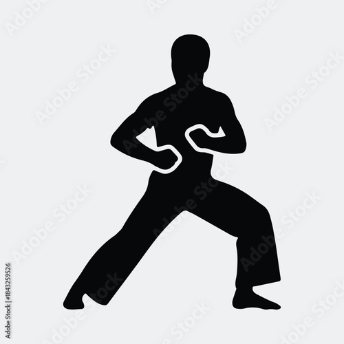 Silhouette man in martial arts combat stance training exercise position vector illustration
