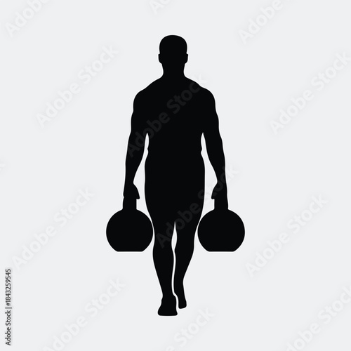 Silhouette muscular man walking with two heavy kettlebell weights vector illustration