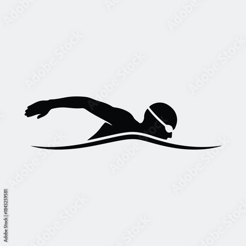 Silhouette professional male swimmer performing crawl stroke with goggles in water vector illustration