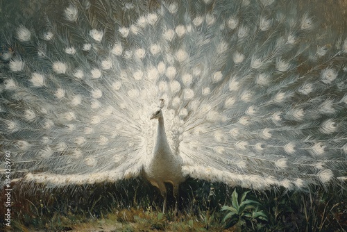 Una orgullosa paloma blanca despliega su plumaje en un claro del bosque.