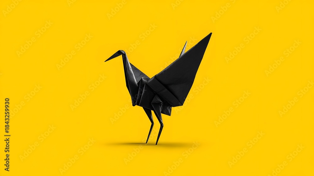 Obraz premium Origami Black Crane Bird Sculpture on Vibrant Yellow Background.