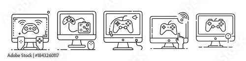 Video game computer monitor and controller icons set for gaming