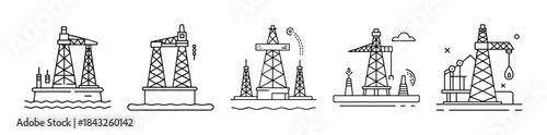 Offshore oil rig platform line icons. petroleum drilling extraction.