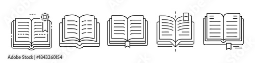 Open book line icons set. education, reading, and learning symbols.