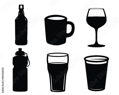Collection of Drinkware Silhouettes, Alcohol Bottle, Coffee Mug, Wine Glass, and Various Cups Vector Set