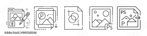 Digital image editing, graphic design, and file management icons