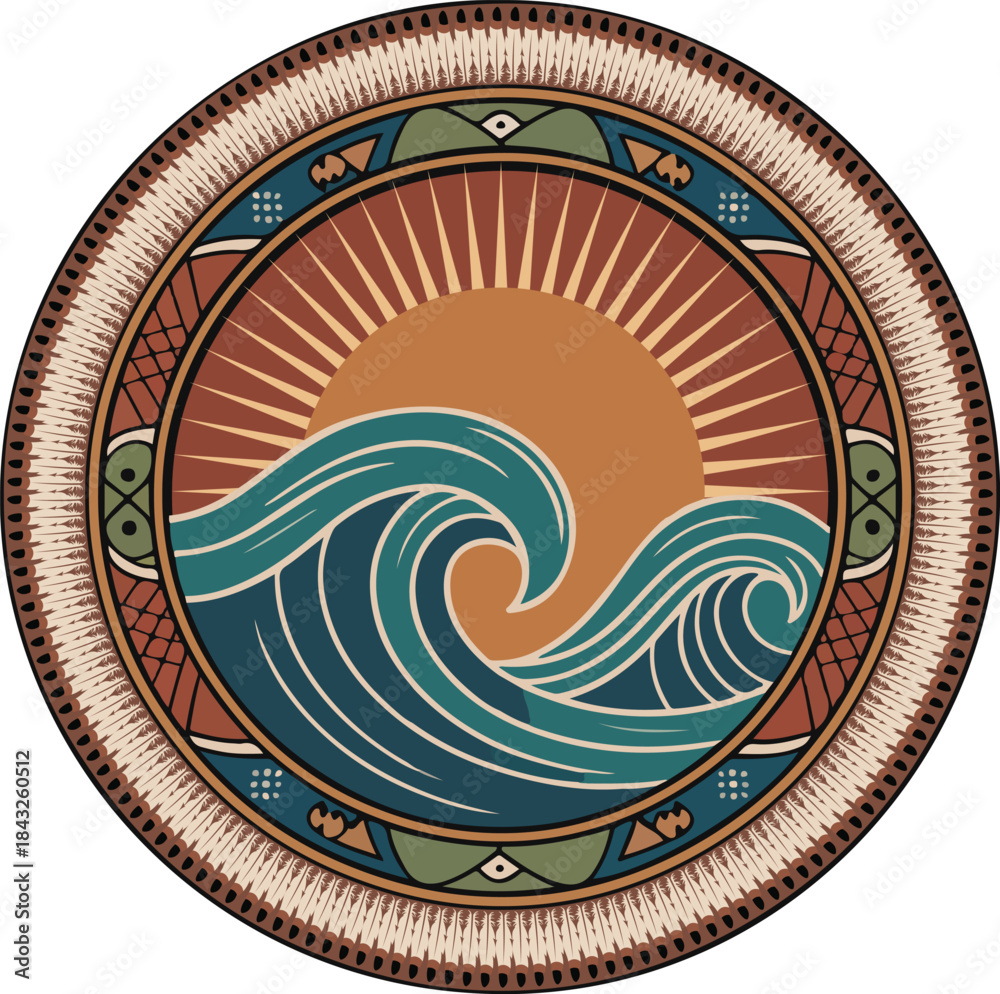Obraz premium Circular Native American inspired sun and wave emblem vector