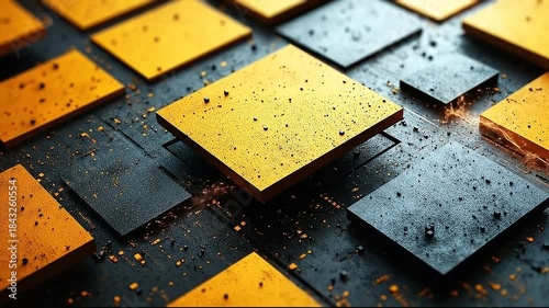 Abstract composition of yellow and black textured squares on a surface