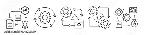 Business process workflow automation system vector line icons set