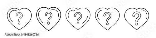 Uncertainty in love concept with five heart question mark icons