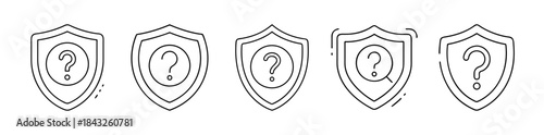 Outline shield with question mark icons. help, security, uncertainty.