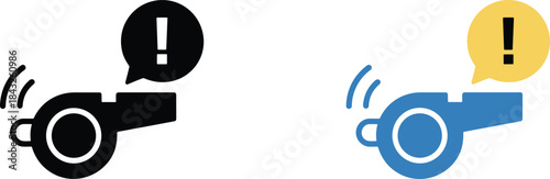 Whistle alert icons set, warning signal exclamation bubble flat vector design collection