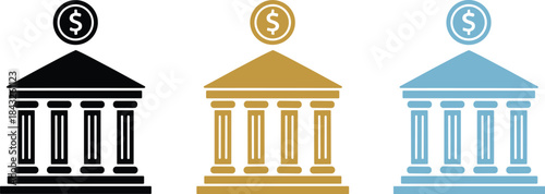 Bank building icons set, finance institution dollar symbol flat vector design collection