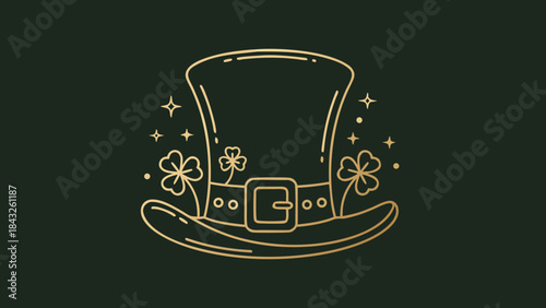 Gold leprechaun hat with shamrocks on dark green background  