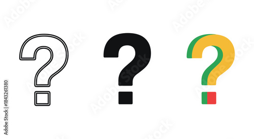 Three question mark symbols in different styles and colors