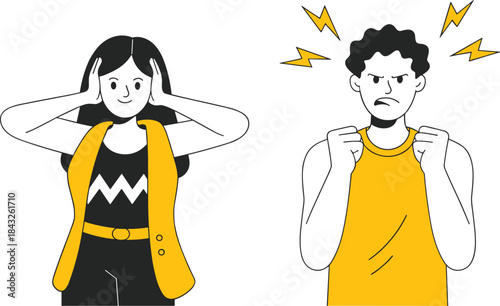 Emotional expression of stressed and angry characters showing mental tension, frustration, burnout, and psychological pressure in modern lifestyle illustration