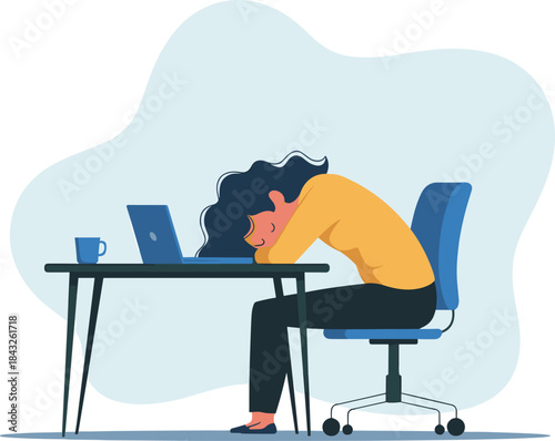 Exhausted woman sleeping at desk with laptop and coffee, representing burnout, stress, overwork, fatigue, and mental health awareness