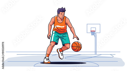 A young man dribbling a basketball on the court sunny day vector illustration on transparent background