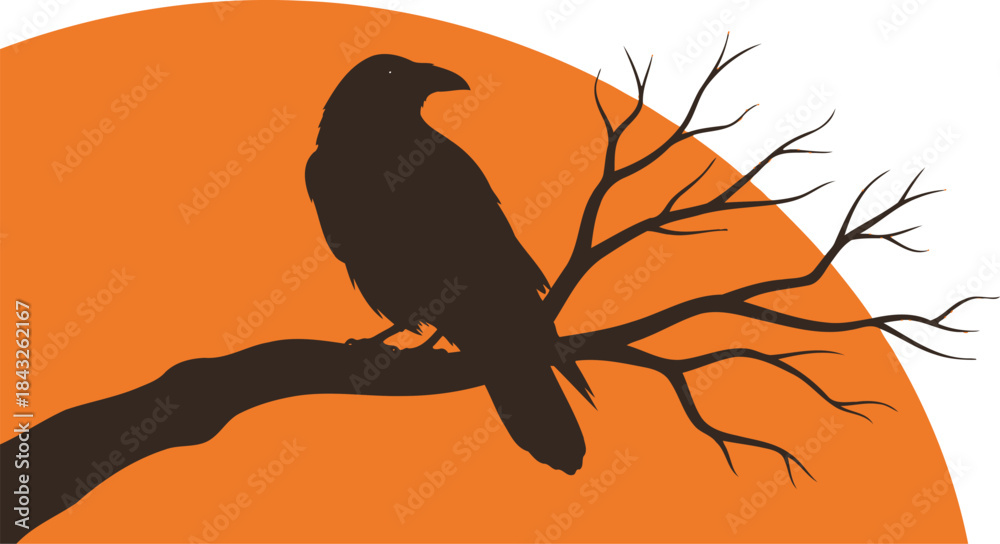 Fototapeta premium A black raven perched on a bare branch against a vibrant orange circle on transparent background