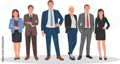 Group of six confident business professionals in formal attire standing together – corporate team vector for office, HR, and leadership concepts