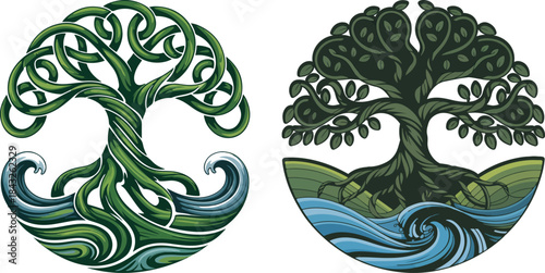 Stylized Celtic Tree of Life with Waves and Hills vector