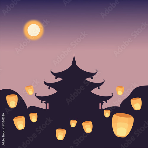 Silhouette temple with floating lanterns and moon vector