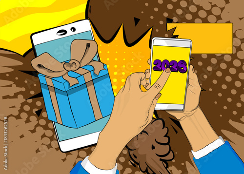 Cartoon Smartphone, comic book Telephone with Gift Box and number 2026. Retro vector comics pop art design.