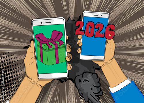 Cartoon Smartphone, comic book Telephone with Gift Box and number 2026. Retro vector comics pop art design.